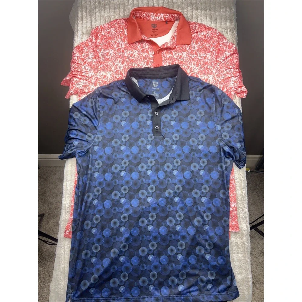 Graham Luxe Polo L Golf Shirts‎ Mens 2 Pack Bundle Set Coral Floral Blue Circles